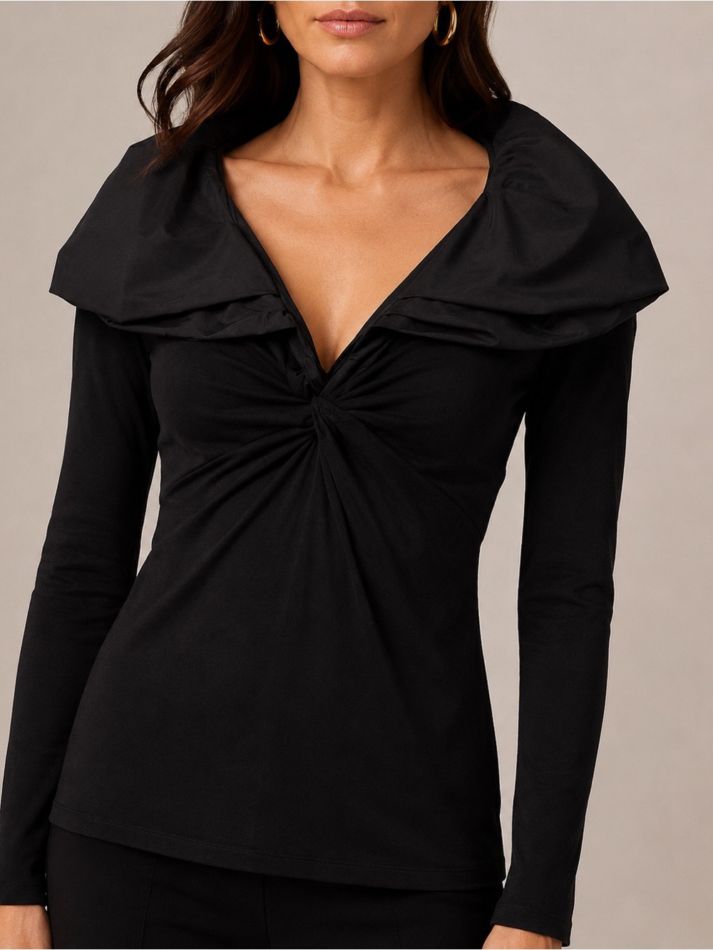 CAbi Cinema Top #143 Black Portrait Collar Twist Front Long Sleeve Blouse L